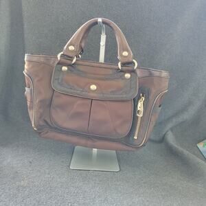 Authentic CELINE Brown Nylon & Leather Tote Handbag Gold Hardware Logo Lining